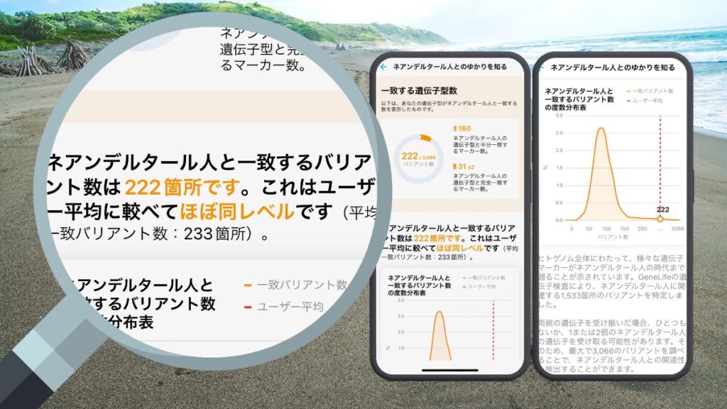 先祖遺伝子検査キットHaplo3.0のネアンデルタール人との関係の画面。一致するバリアントが平均値であることを示している。