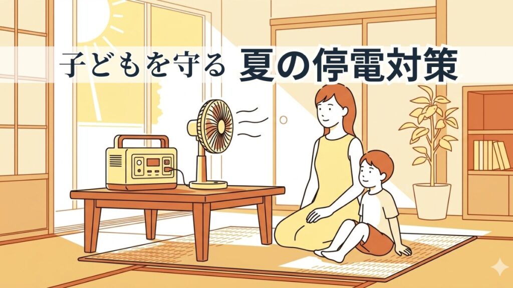 夏の停電時にポータブル電源と扇風機を使って子どもと過ごす母親のイラスト｜子育て世帯の停電対策