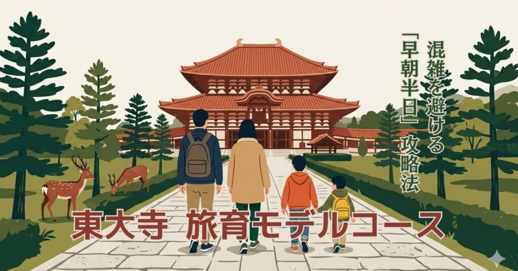 早朝の東大寺参道を歩く子連れ家族と鹿のアイキャッチ。大仏殿を背景に4人家族が歩く早朝観光のイメージ。