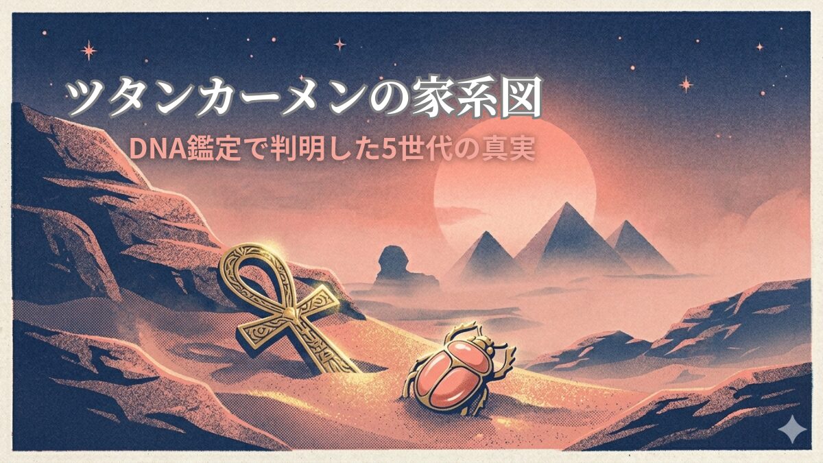 ツタンカーメンの家系図記事のアイキャッチ。奥にピラミッドとスフィンクスの風景、手前に砂に埋もれた古代エジプトのスカラベの宝石とアンク。