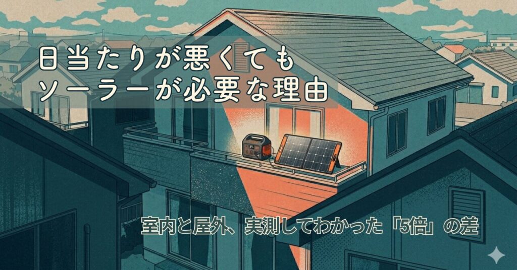 日当たりの悪い家でのJackeryソーラーパネル発電量比較する記事のアイキャッチ画像。戸建のベランダに発電機とソーラーパネルを設置している。