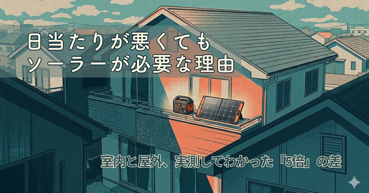 日当たりの悪い家でのJackeryソーラーパネル発電量比較する記事のアイキャッチ画像。戸建のベランダに発電機とソーラーパネルを設置している。
