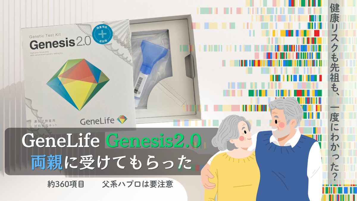 GeneLife Genesis2.0 DNA検査キットのレビュー記事アイキャッチ。DNAの二重らせん構造を背景に、遺伝子解析の全体像を示すビジュアル