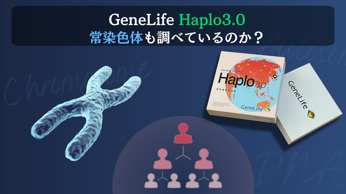 GeneLife Haplo3.0は常染色体も調べているのか?X染色体の3Dイラストと製品パッケージ、遺伝の家系図アイコンを配置したアイキャッチ画像