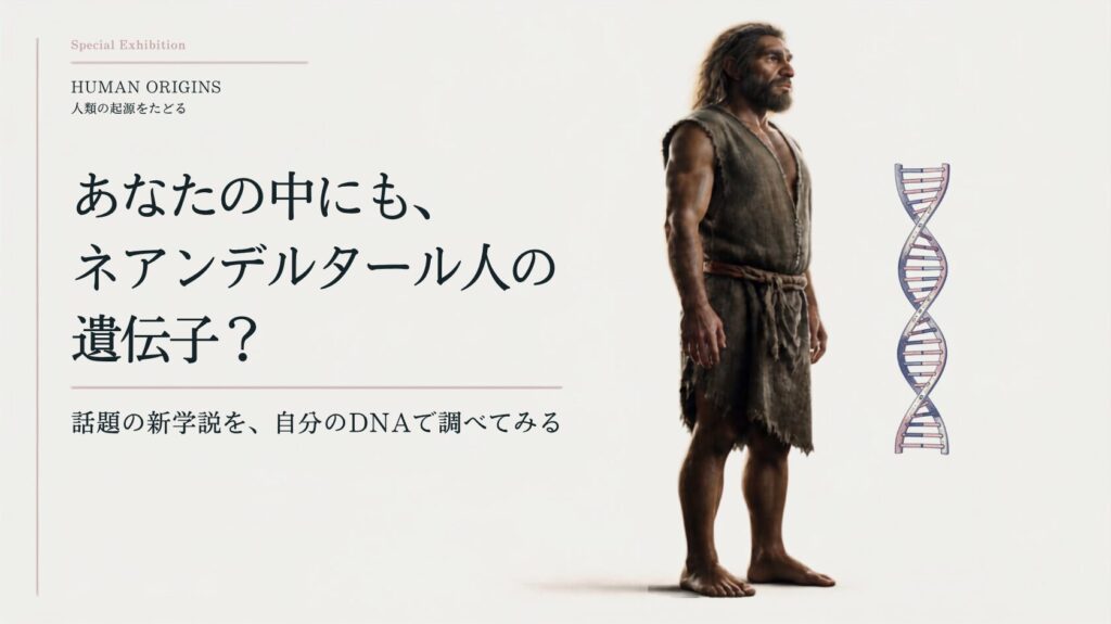 人類の起源とネアンデルタール人のDNAをテーマにしたアイキャッチ「Human Origins」「人類の起源をたどる」「あなたの中にも、ネアンデルタール人の遺伝子?」という文字と、男性の写真、DNAの二重らせんが配置されている。