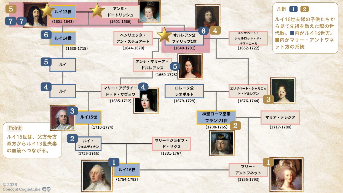 ルイ16世とマリー・アントワネットの共通祖先を示す家系図。ルイ13世とアンヌ・ドートリッシュ夫妻から、その子であるオルレアン公フィリップまでの系譜をさかのぼって整理している。