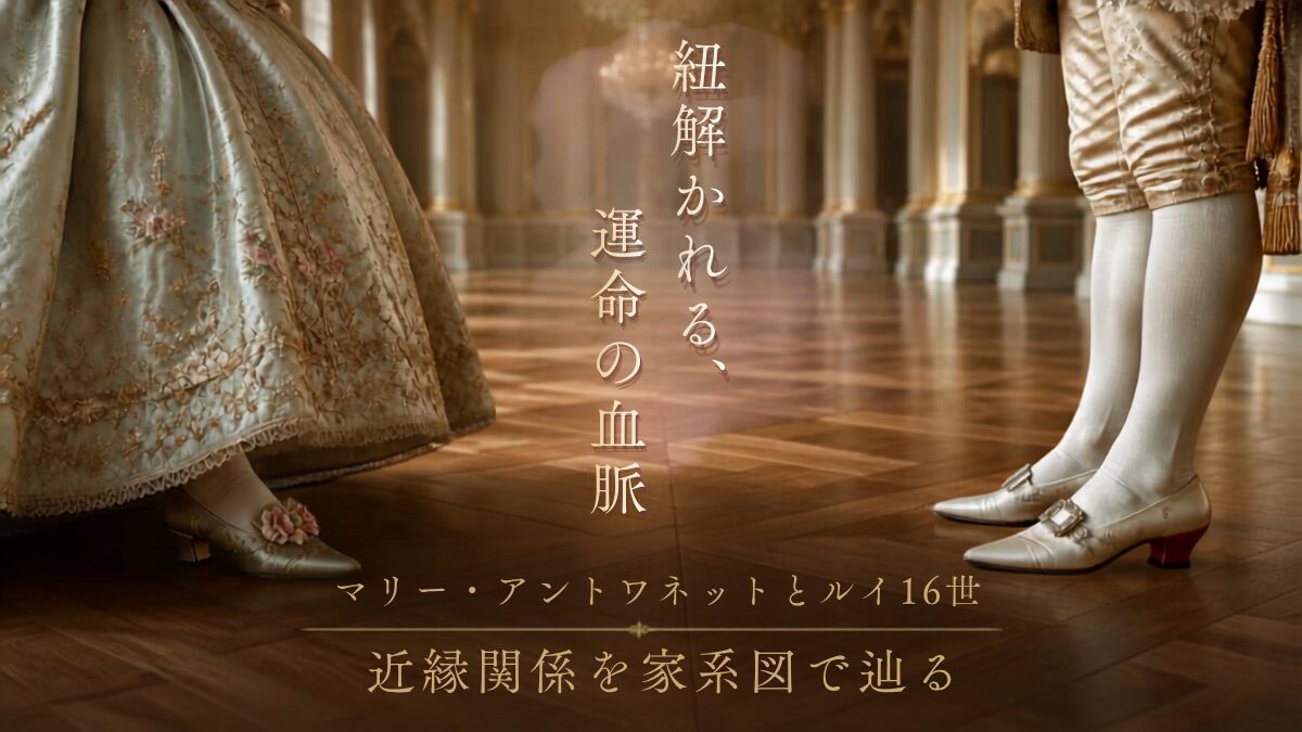 ヴェルサイユ宮殿を思わせる室内の寄木張りの床に立つ、ロココ調ドレスの女性(マリー・アントワネット)とヒールの男性(ルイ16世)の足元。中央に「紐解かれる運命の血脈」と表示された企画展風のアイキャッチ。